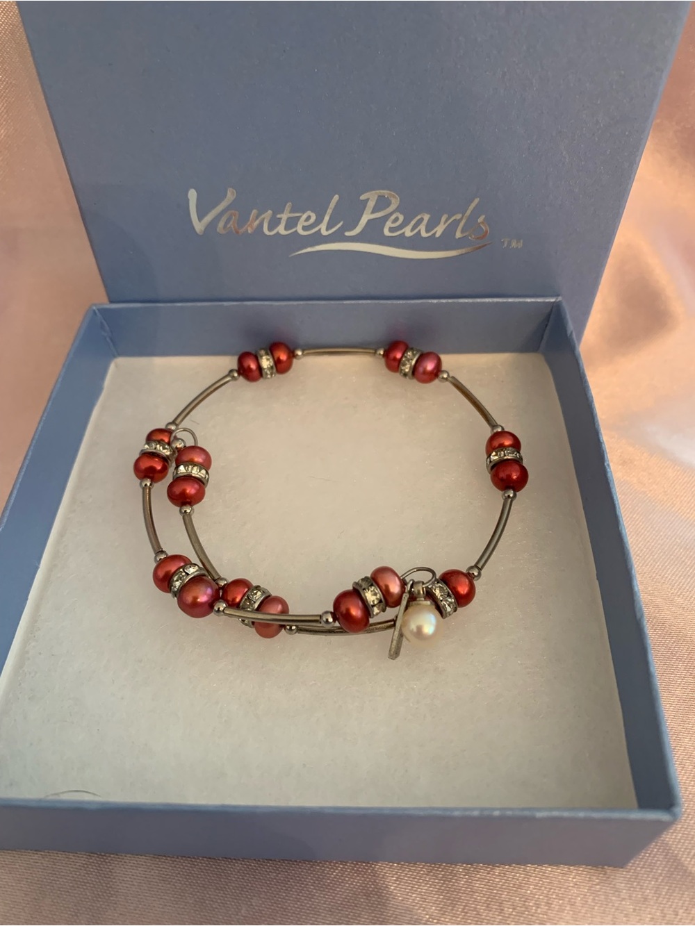 Vantel Pearls Red Pearl Bead Bracelet with Silver Accents and Small Pearl Charm